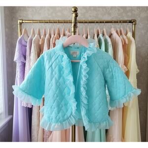 Vintage 60s Aqua Blue Quilted Bed Jacket | 1960s Ruffle Trim Loungewear | Size M